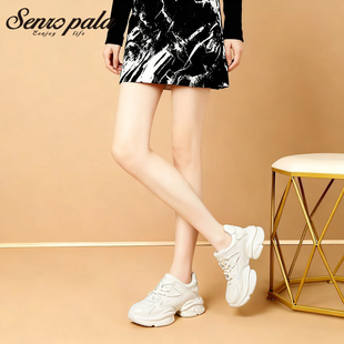 百搭增高加绒休闲女鞋 时尚 女春秋新款 森罗帕拉高端真皮黑色老爹鞋