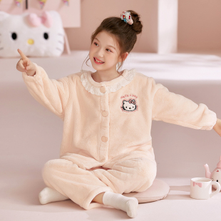 女童睡衣毛毛绒秋冬款加厚中小童女孩儿童珊瑚绒法兰绒家居服套装
