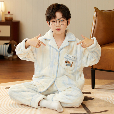 法兰绒睡衣秋冬季2025新款男童宝宝加绒加厚珊瑚绒儿童家居服套装