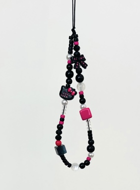 黑色kitty猫蝴蝶结手机链卡通手机挂绳创意防摔挂链新款个性百搭挂件高级感手工珠串链条短款ins风可爱吊坠