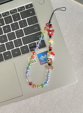 牛仔kitty猫手机链可爱手机挂绳新款ccd挂件短款卡通相机挂链高级感手工珠串链绳创意吊坠网红百搭防摔链条