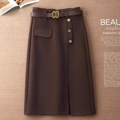 毛呢半身裙女秋冬季裙子2025新款中长款一步半裙包臀裙黑色直筒裙