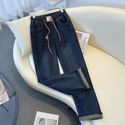 复古深蓝色松紧腰窄版阔腿牛仔裤女春装2025新款爆款弹力直筒裤子