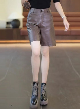 皮短裤女秋冬2025新款高腰显瘦直筒宽松水洗柔软PU皮裤外穿五分裤