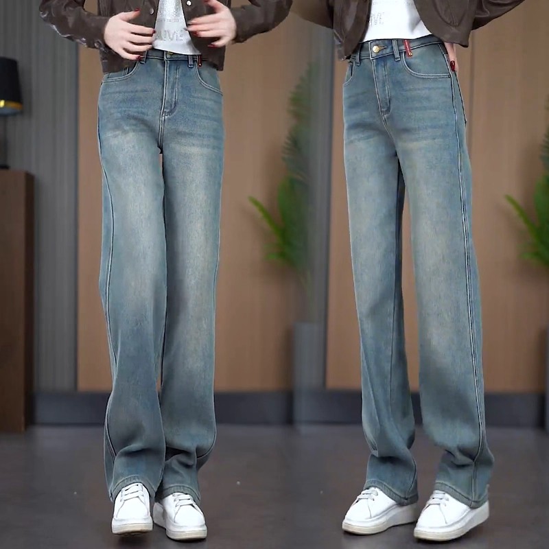 今年流行直筒牛仔裤女2025春秋新款高腰新中式国风刺绣窄版阔腿裤