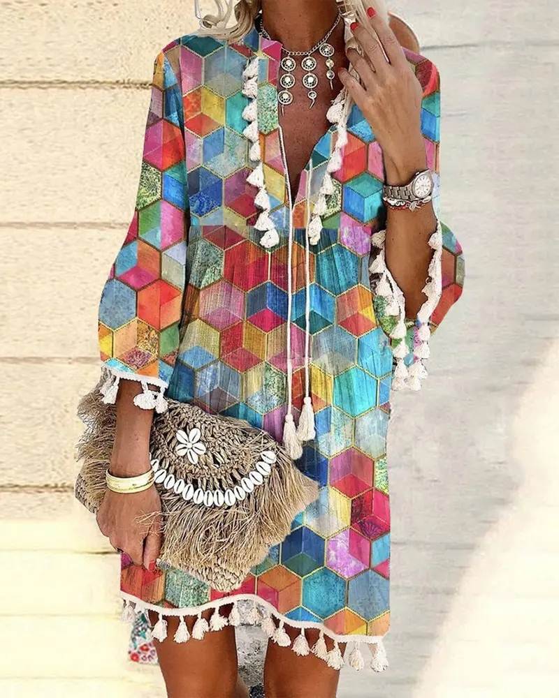 菱形纹流苏连衣裙 Allover Geometric Print Tassel Decor Dress