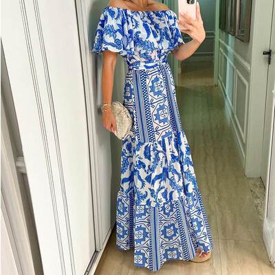 Off Shoulder Boho Dress Summer一字领高腰波西米亚印花连衣裙