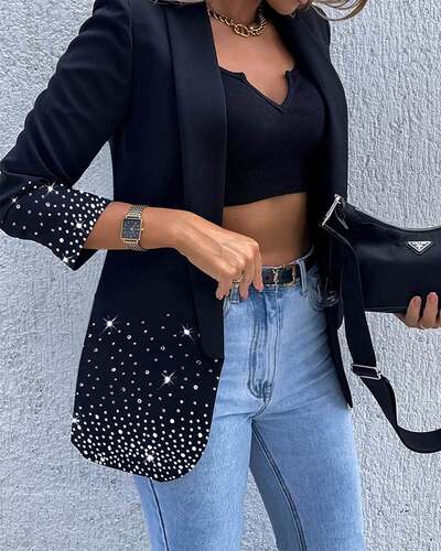 烫钻收腰西服Rhinestone Decor Shawl Collar Long Sleeve Blazer