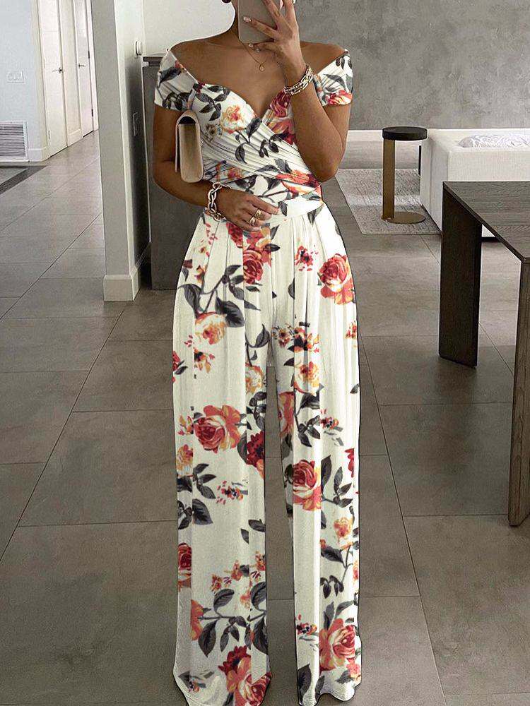 Women Off Shoulder Jumpsuit Summer 一字肩印花连体长裤女