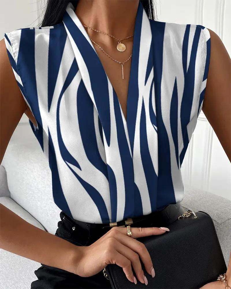 Allover Print Colorblock Casual Top欧美条纹无袖宽肩上衣夏季