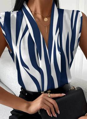 Allover Print Colorblock Casual Top欧美条纹无袖宽肩上衣夏季
