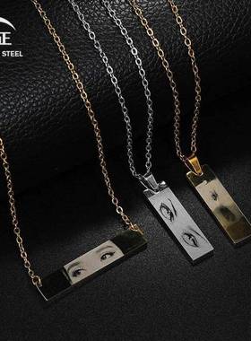 Custom个性化雕刻眼睛图片长条项链 不锈钢时尚创意情侣照片项链