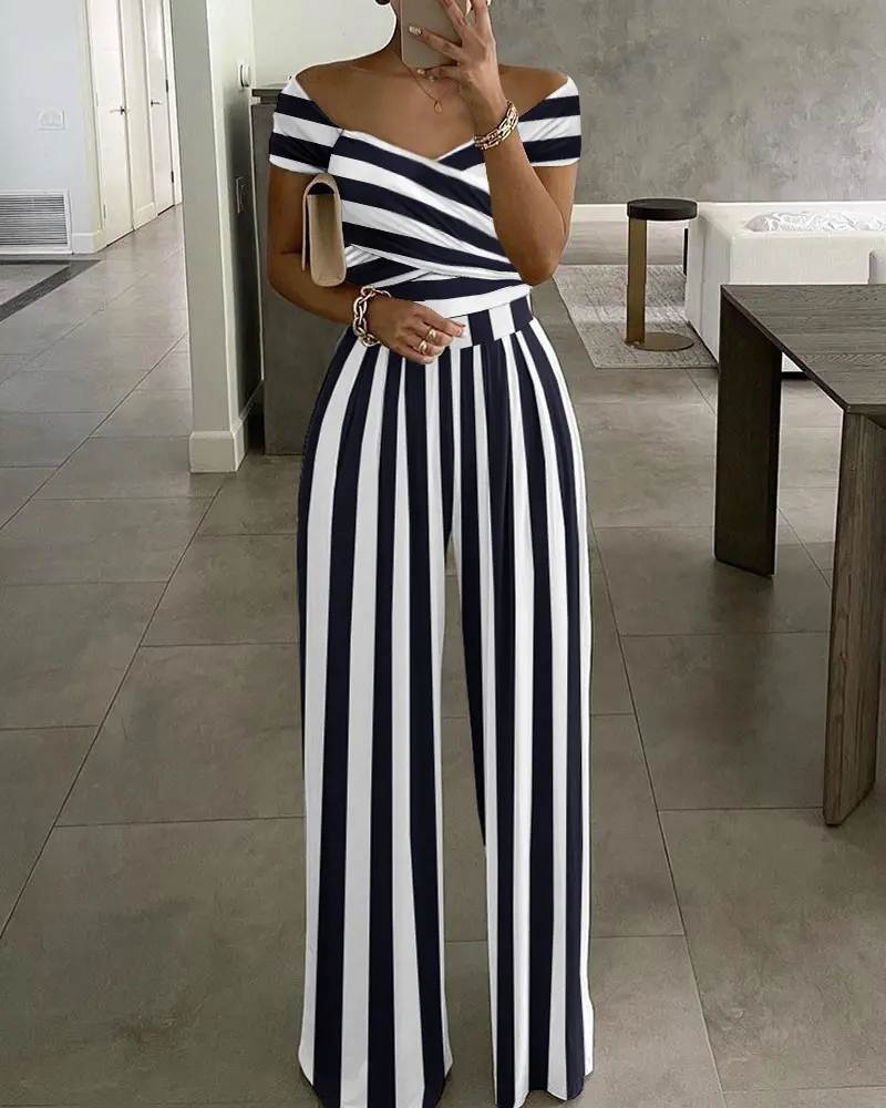 Striped Print Off Shoulder Wide Leg Jumpsuit条纹阔腿连体裤