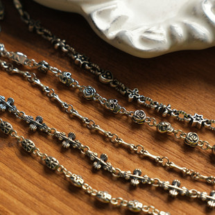 欧美骷髅十字玫瑰花链925银重工朋克元素个性叠搭裸链复古配饰