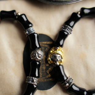 原创手工纳瓦霍复古美式猫咪猫头鹰黑玛瑙竹节925纯银时尚手链