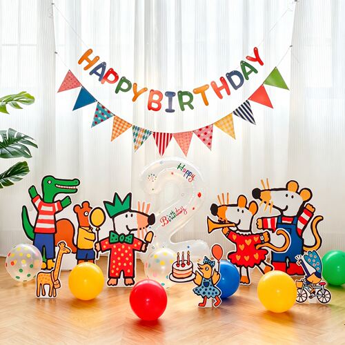小鼠波波2岁生日布置女宝宝男孩周岁派对背景墙装饰气球kt板套餐
