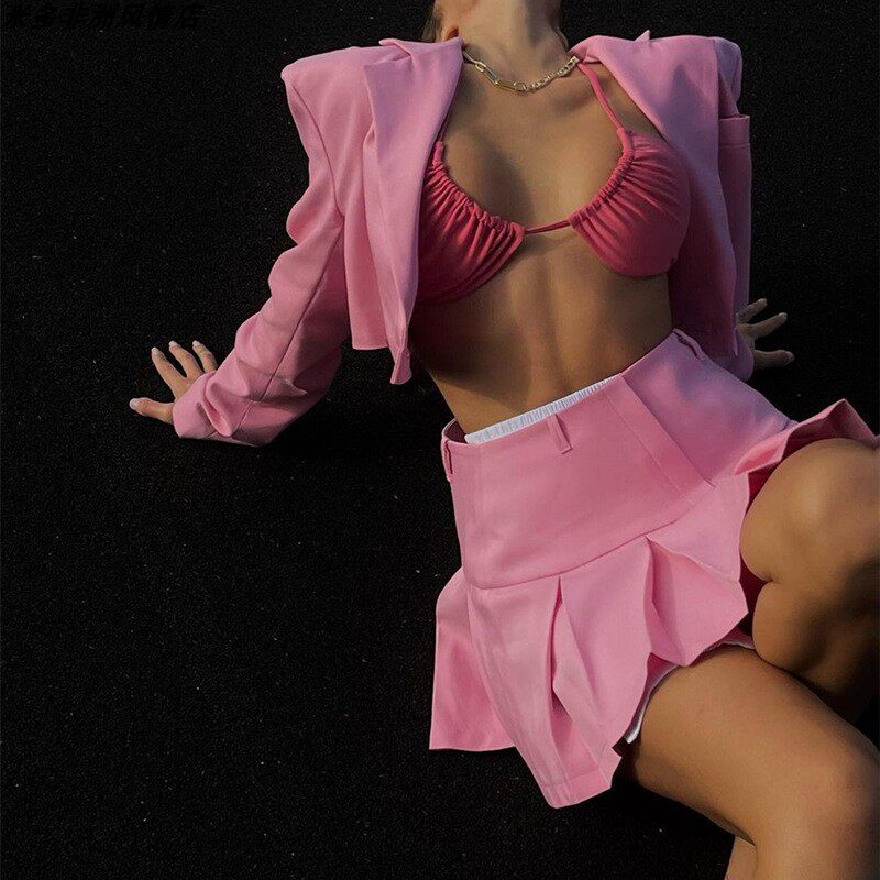 Ladies suits欧美纯色学院性感长袖西装上衣+半身A字裙套装女装