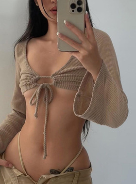 Ribbed Cropped T Shirts Women Aesthetic Y2k Clothes Tie Up