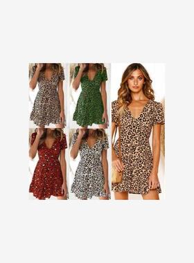 Dress sexy leopard grain dress with short sleeves
