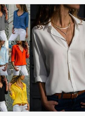 2018秋冬季女装ebay亚马逊爆款长袖女士翻领纽扣衬衫上衣 3062