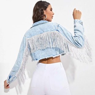 Denim 2022歐美新款 時(shí)尚 流蘇拼接做舊牛仔外套女 women jacket