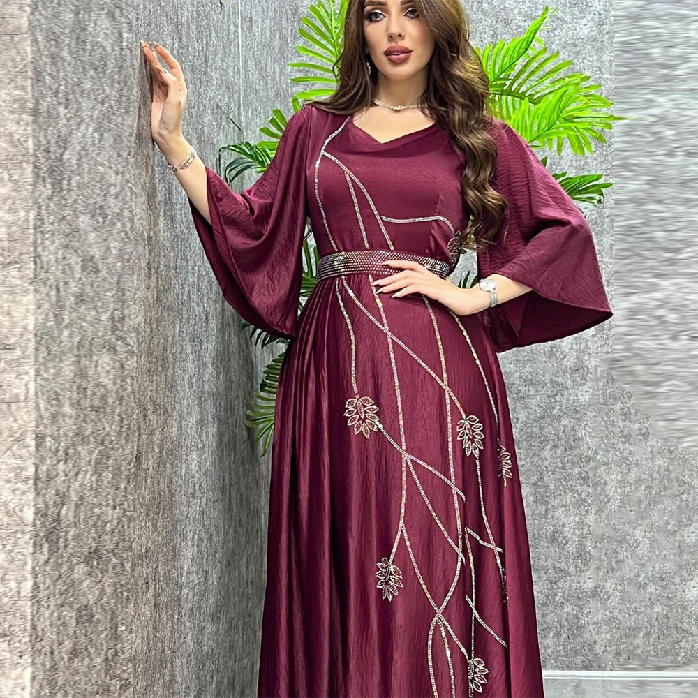 东南亚民族风树叶图案烫钻带钻腰带长袍礼服女 dress women