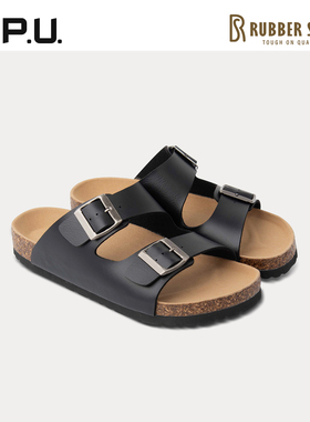 RubberSoul男款双带勃肯懒人一脚蹬平跟松木底夏季沙滩休闲拖鞋RO