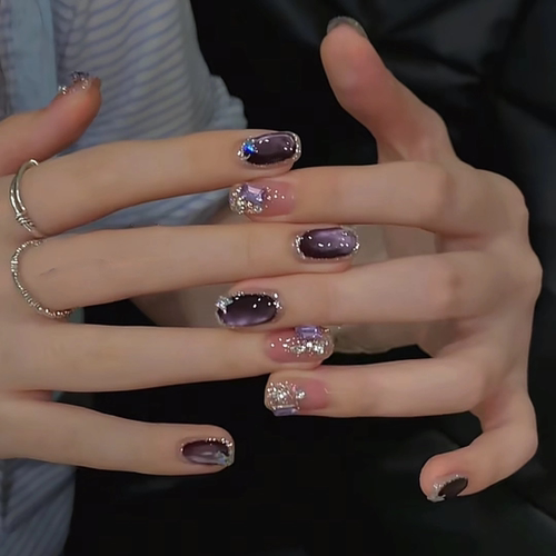 【紫霞仙子】紫色韵味猫眼法式手工穿戴甲短款秋冬指甲贴片显白