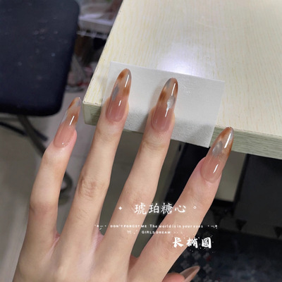 【琥珀糖心】美拉德猫眼晕染气质纯手工穿戴甲中长款秋冬指甲贴片