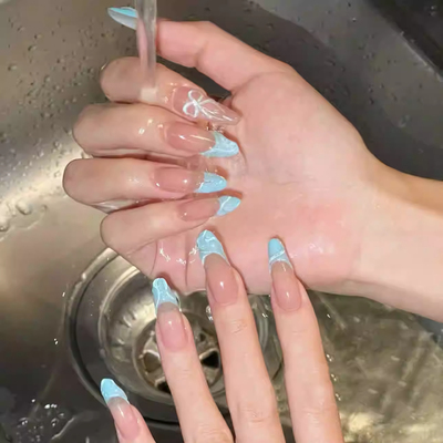 【冰蓝蝴蝶结】手绘夏日法式纯手工穿戴美甲高级感假指甲2025新款