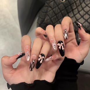 【黑粉绮梦】法式蝴蝶结格纹渐变猫眼爱心纯手工穿戴甲中长款