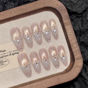 【朦胧月光】鎏光波影猫眼流苏吊坠法式美甲高端纯手工穿戴甲长款