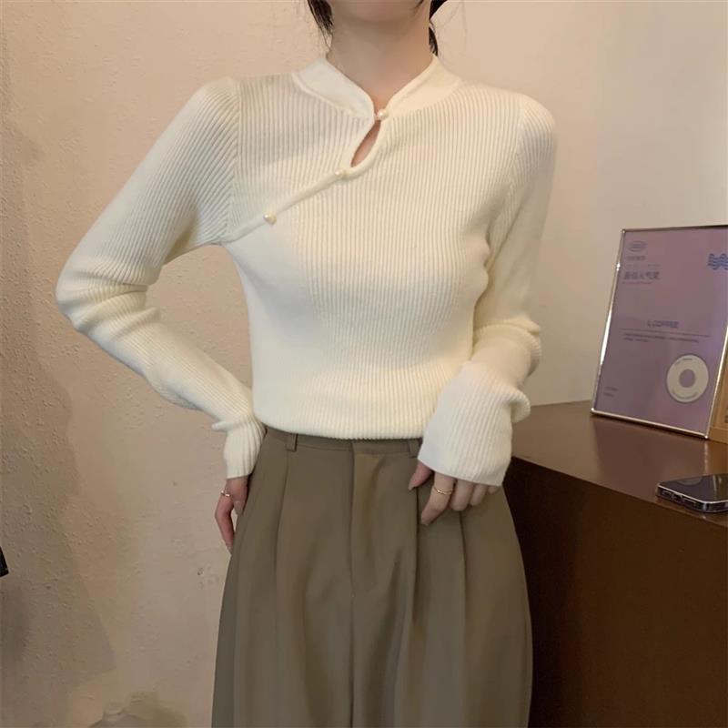 新中式国风半高领打底衫女秋冬季设计感镂空紧身内搭毛衣气质上衣