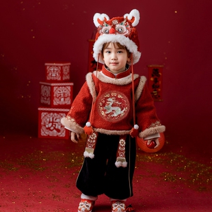 拜年服男宝宝套装红色喜庆婴儿衣服夹棉加绒冬装儿童外出服周岁服