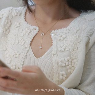 一朵温柔的小花天然珍珠项链14K包金Y字可调节精致百搭叠加锁骨链