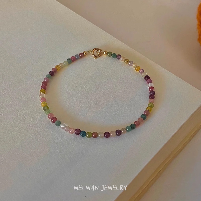 天然彩虹碧玺14k包金手链女水晶糖果色2mm叠戴手串转运珠素圈叠戴