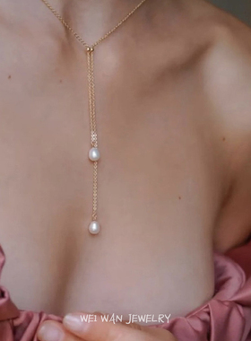 高级感法式轻奢小众双珍珠Y字项链简约气质超仙百搭14k包金锁骨链