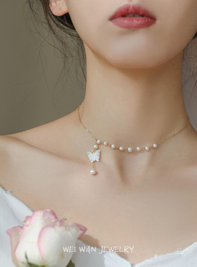 原创超仙蝴蝶天然白贝母淡水珍珠美国锁骨链choker颈链两戴