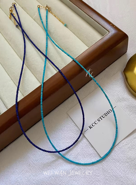 1.5mm极细天然青金石项链绿松石锁骨链日常百搭14K包金小米珠链