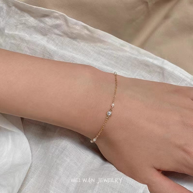 14k包金迷你正圆珍珠闪钻手链