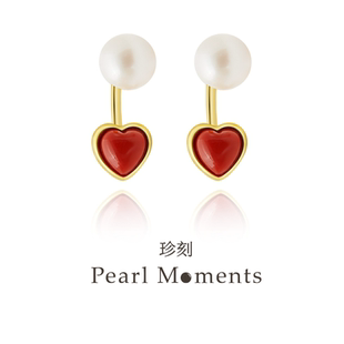 两种佩戴方式 PEARL MOMENTS南红心形纯银天然淡水珍珠耳环