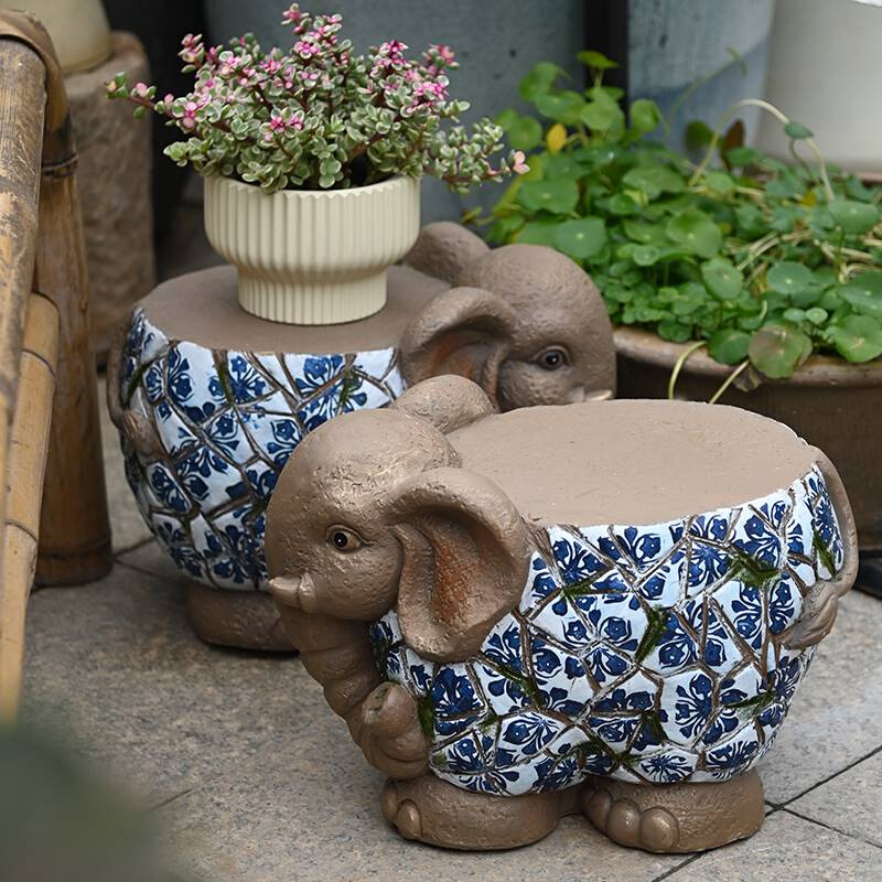 动大象摆件花园庭院KFA动物鞋装小凳换子花盆底座饰物仿青花瓷新