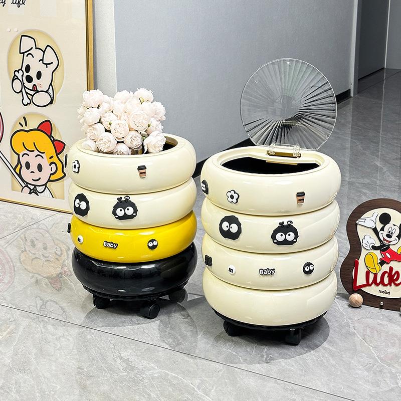 甜甜圈垃圾桶家用客厅带滑轮轻奢高档带盖子高颜值厨房可移动纸篓