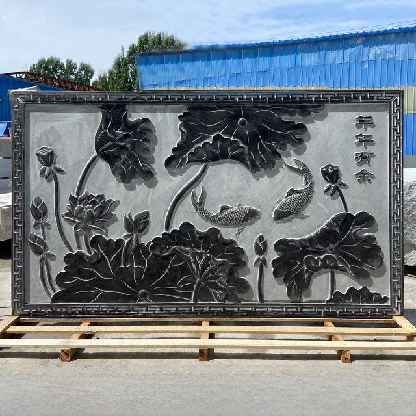 青石浮雕壁画五福地板雕刻彷古庭院镂空窗格栅房子入口影墙中国风
