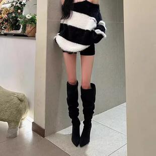 黑色高跟过膝长筒靴大筒围堆堆靴细跟褶皱高筒长靴女尖头靴子秋冬