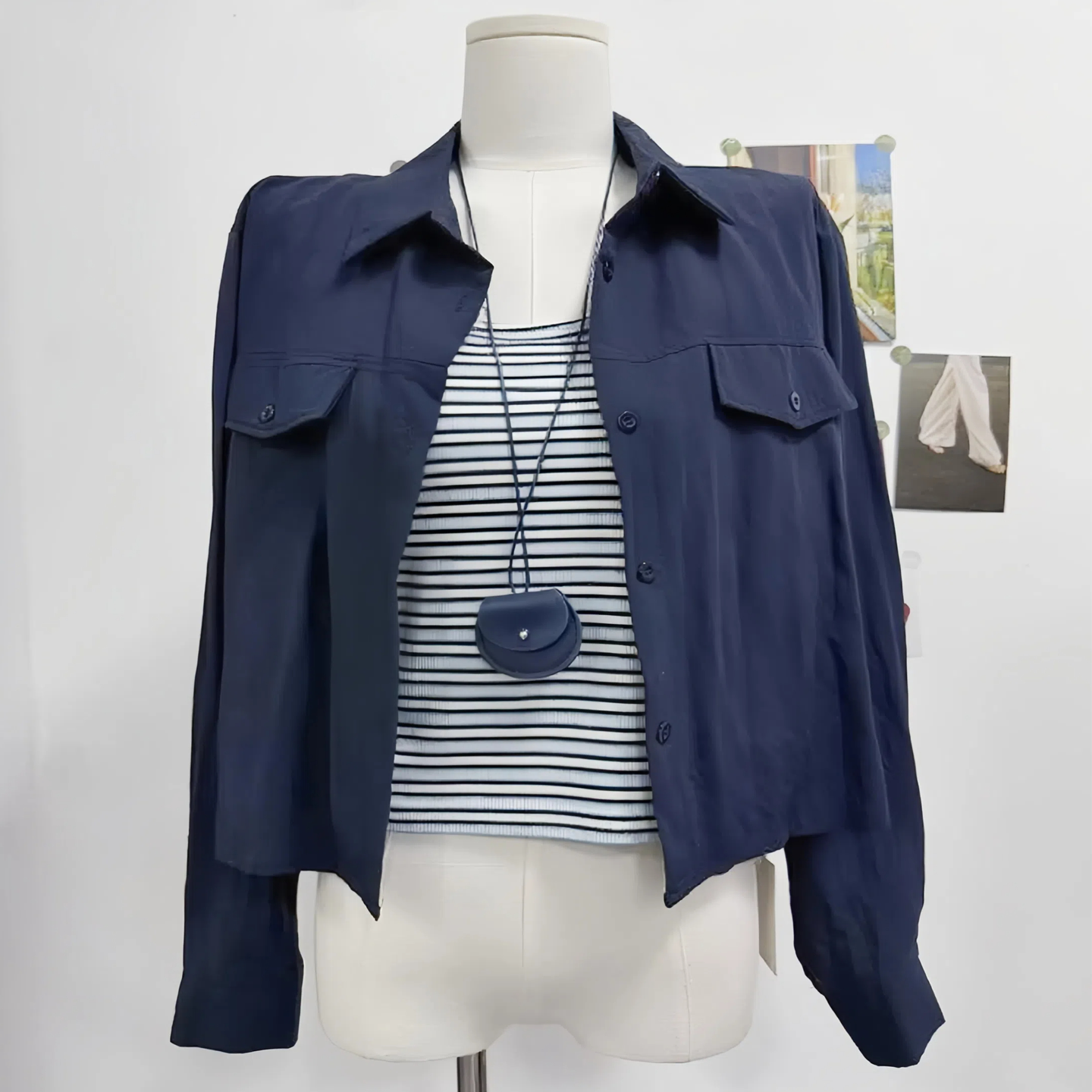 奈斯帕2025秋季新款翻领藏蓝色衬衫条纹针织背心气质韩系两件套女