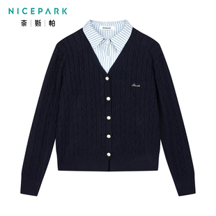 奈斯帕2025冬季新款韩版气质时尚假两件翻领毛衣简约百搭女上衣