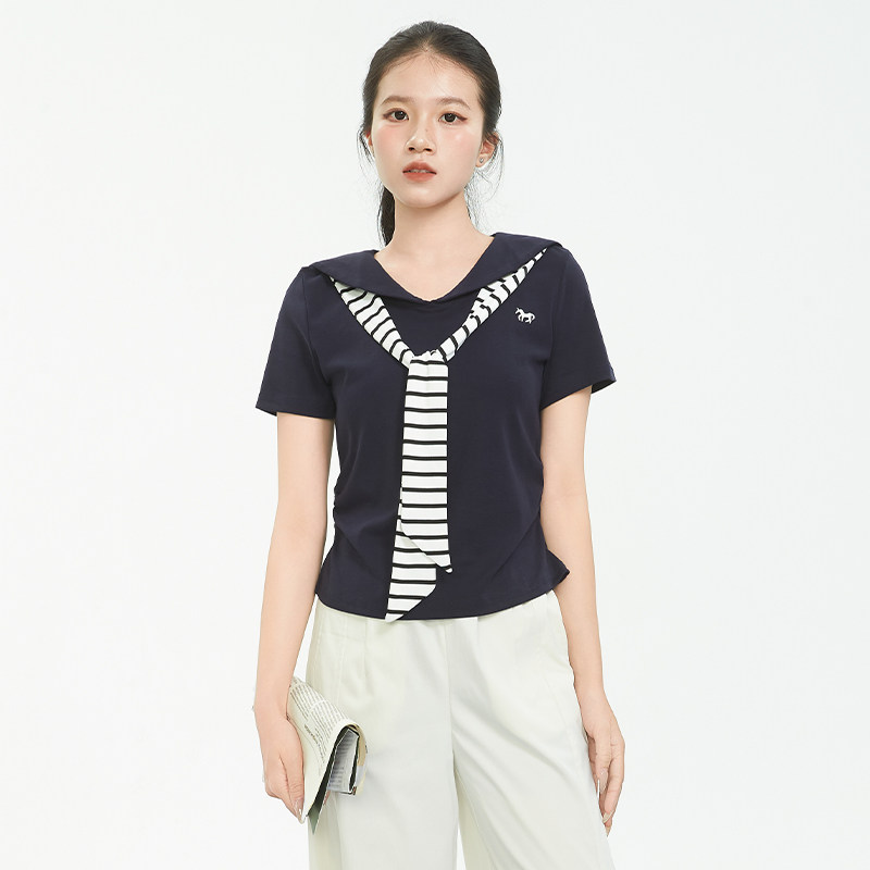 奈斯帕海军领假两件条纹T恤女图片