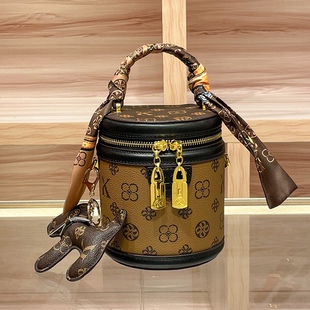 欧洲站AN&LV专柜真皮撞色印花手提发财水桶包女新款单肩斜挎小包