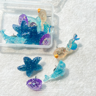 蓝色海洋图钉毛毡墙贴工字钉照片墙装饰毛毡板钉子小装饰配件彩色图钉可爱地图标记钉卡通图钉无痕6颗/装